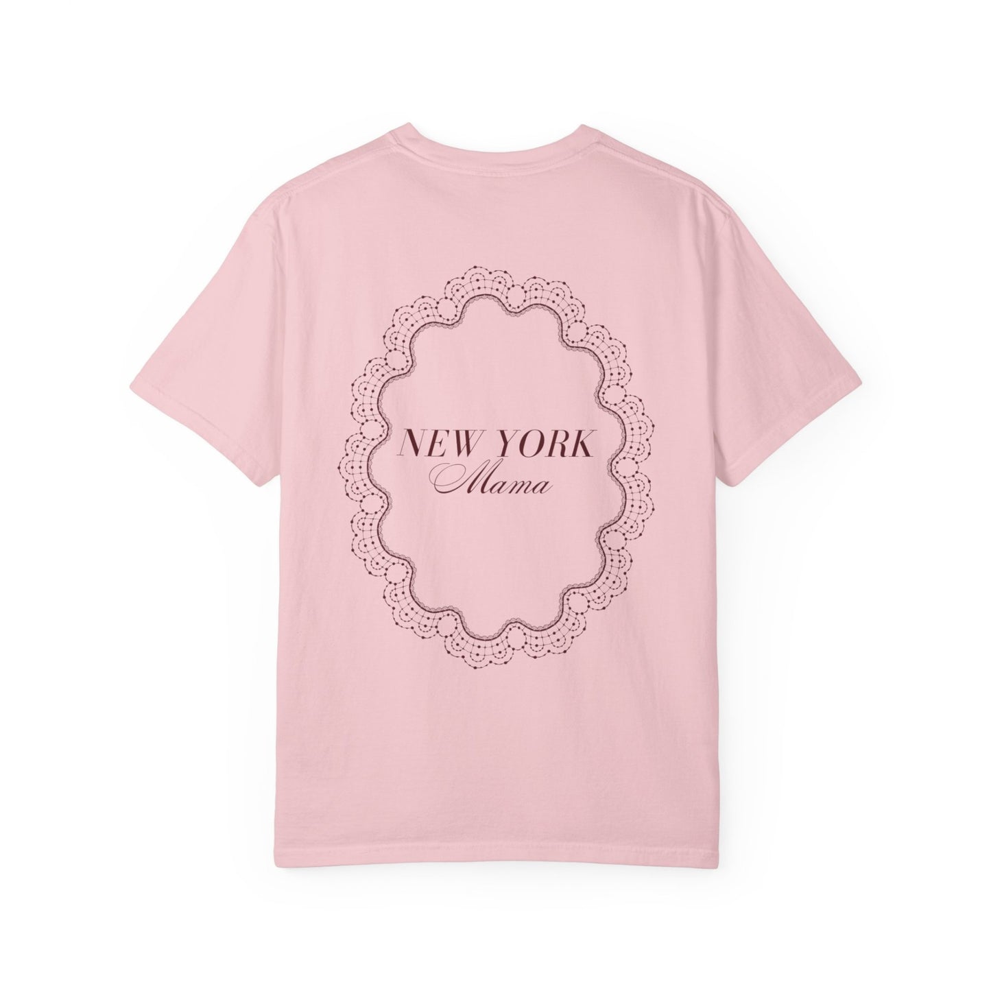 Back view of the Mother's Day New York Mama cotton T-shirt in blossom with Salon la Cloche lace artwork