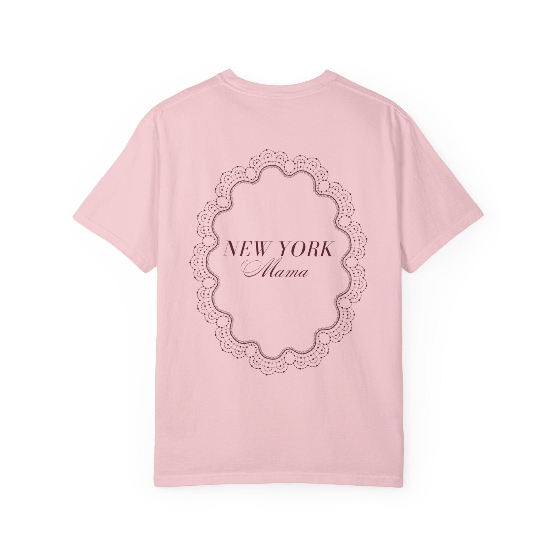 Back view of the Mother's Day New York Mama cotton T-shirt in blossom with Salon la Cloche lace artwork