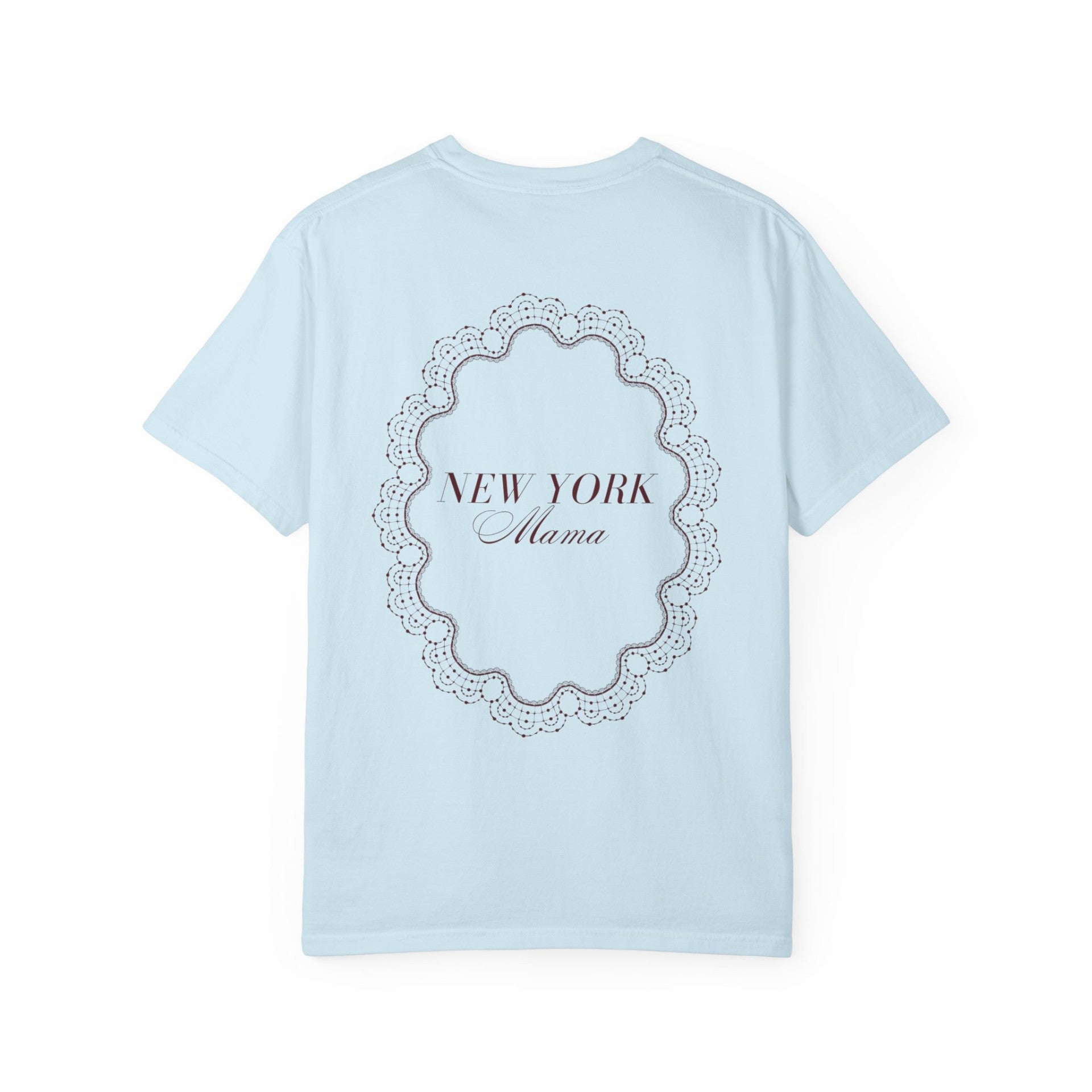 Back view of the Mother's Day New York Mama cotton T-shirt in chambray with Salon la Cloche lace artwork