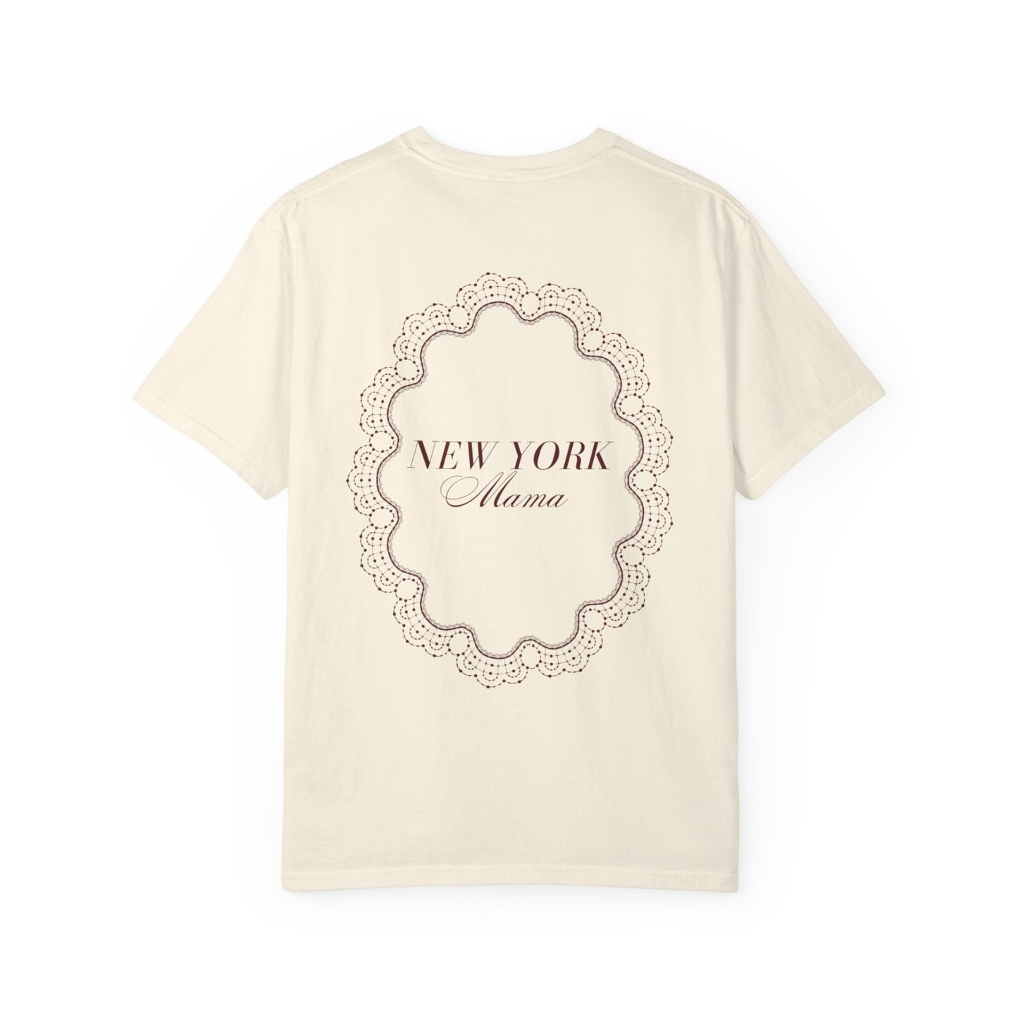 Back view of the Mother's Day New York Mama cotton T-shirt in ivory with Salon la Cloche lace artwork