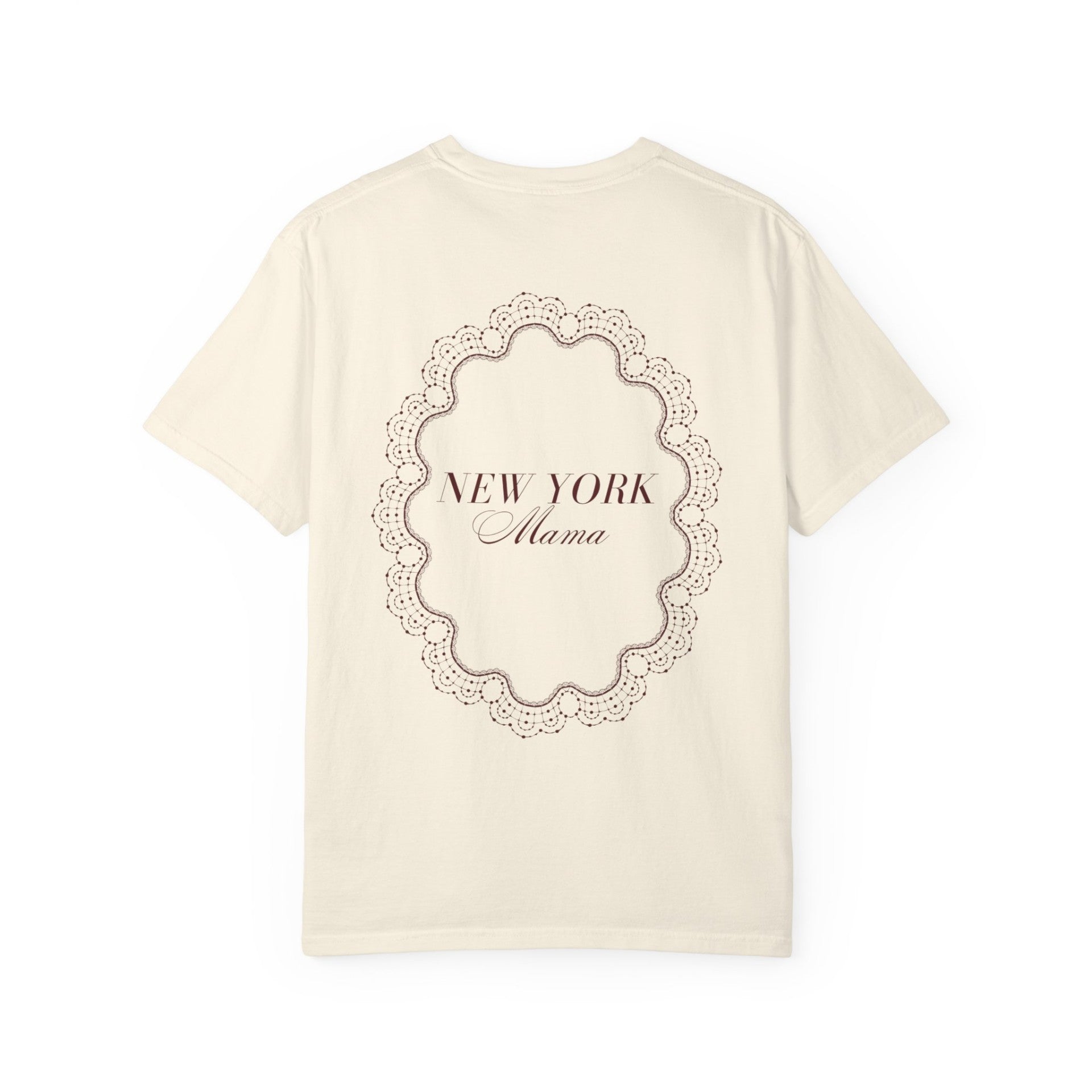 Back view of the Mother's Day New York Mama cotton T-shirt in ivory with Salon la Cloche lace artwork