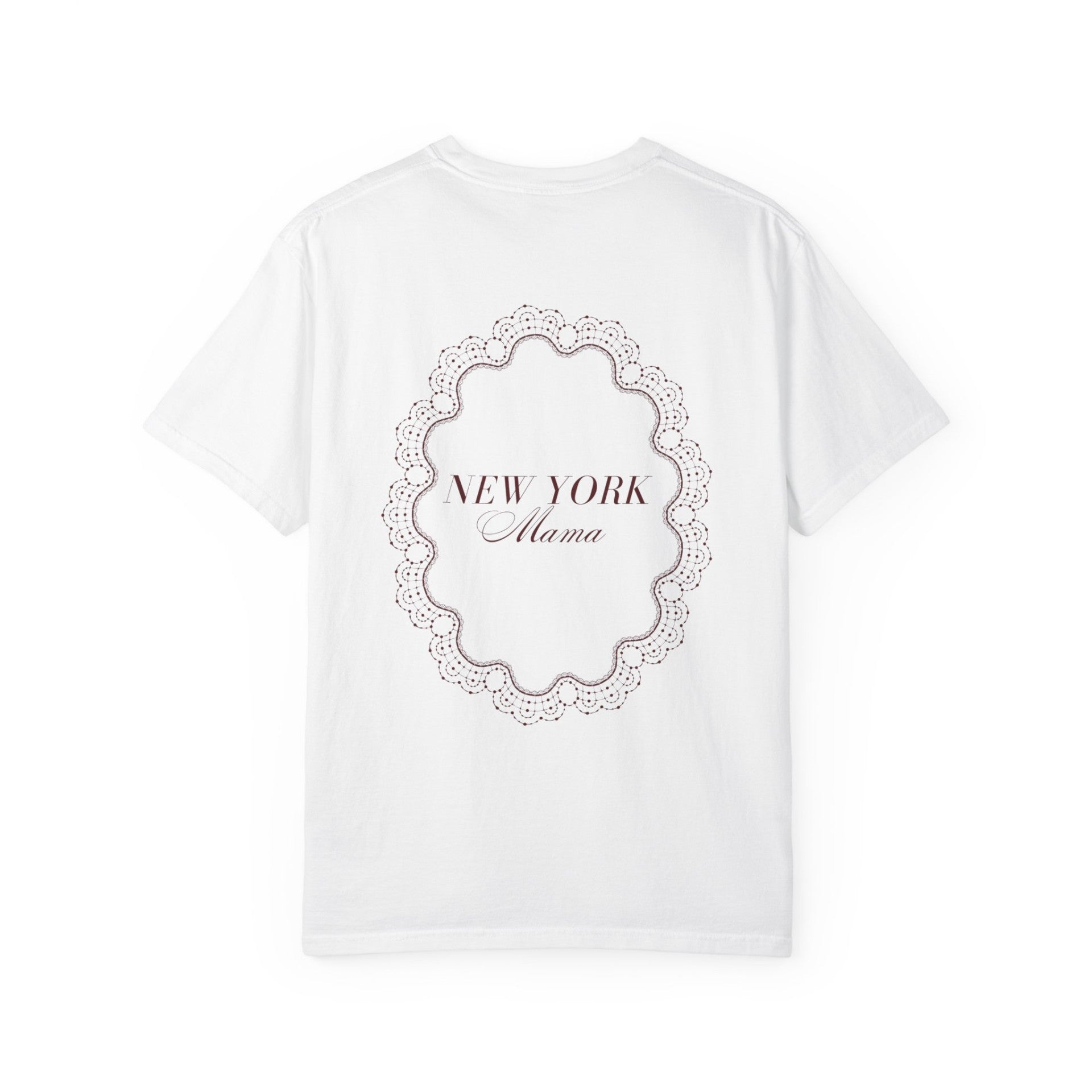 Back view of the Mother's Day New York Mama cotton T-shirt in white with Salon la Cloche lace artwork